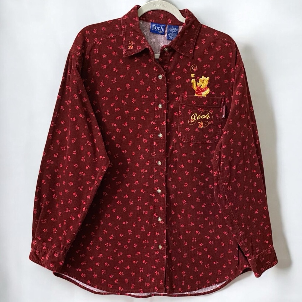 Disney Vintage Winnie the Pooh Embroidered Merlot & Pink Floral Corduroy Blouse
